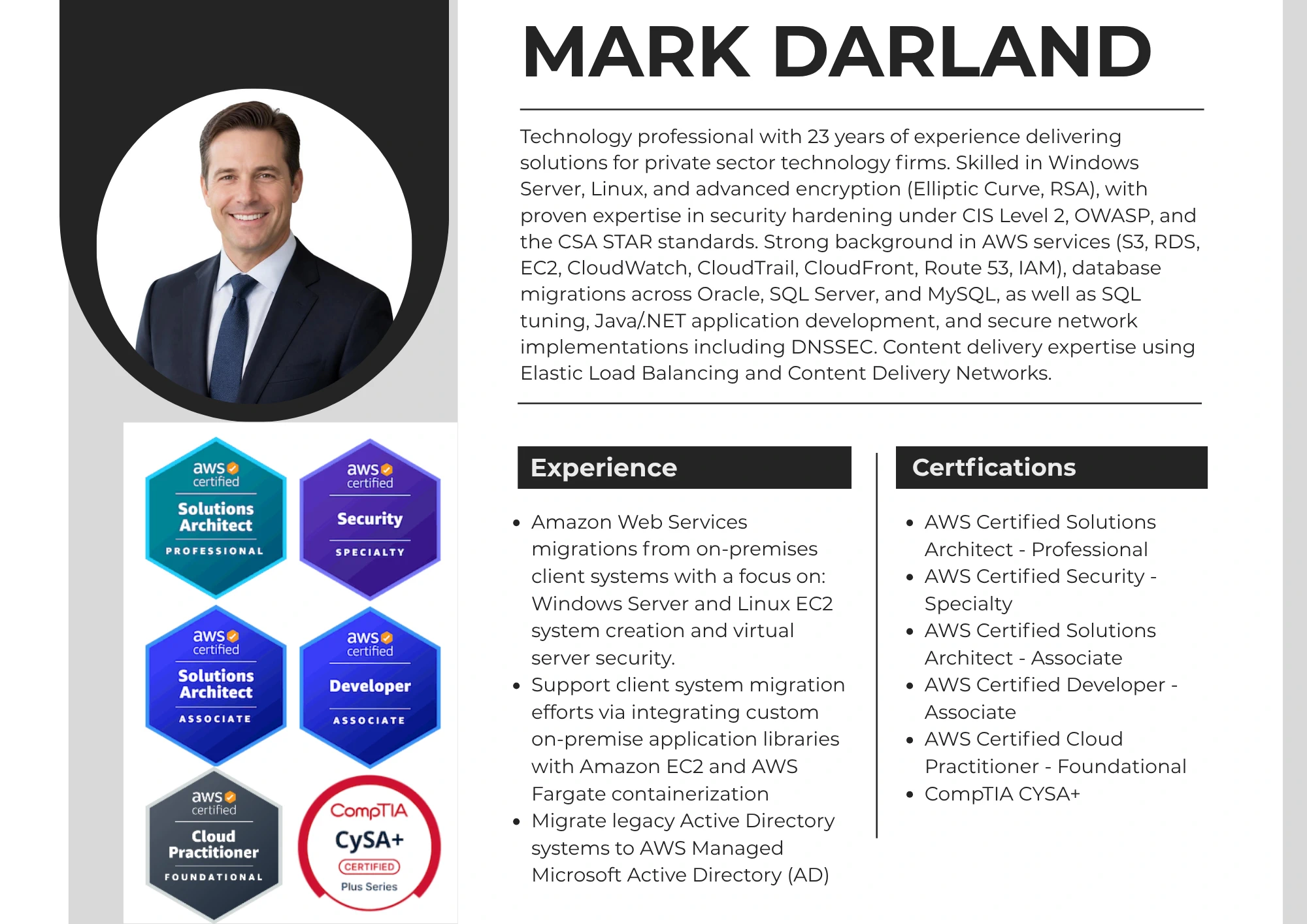 Mark Darland computer science professional resume detailing AWS certifications and experience